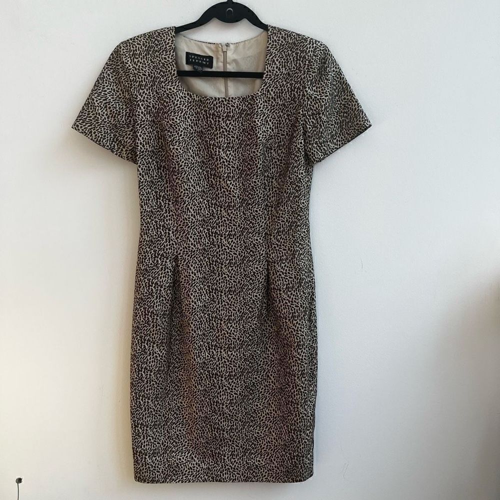 Spenser Jeremy Women's !00% Silk Animal Print Square Neck Sheath Dress Black/Tan